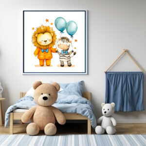 Poster: NWatercolor Illustration of Lion and Zebra with Balloons