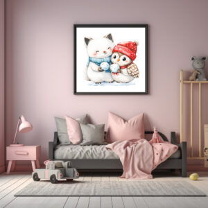 Poster: Watercolor Illustration of Arctic Fox and Owl with Snowballs