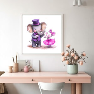 Poster: Watercolor Illustration of Elephant and Mouse Having Coffee