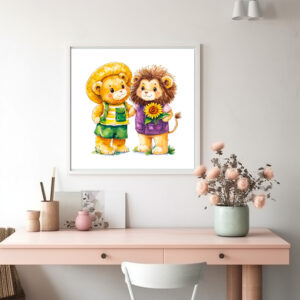 Poster: Watercolor Illustration of Teddy Bear and Lion with Sunflower