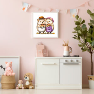 Poster: Watercolor Illustration of Two Hedgehogs with Porcini Mushroom