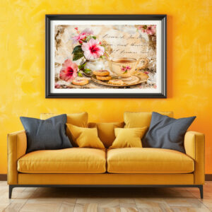 Poster: Hibiscus Blossoms with Fantasy Script and Tea Cup