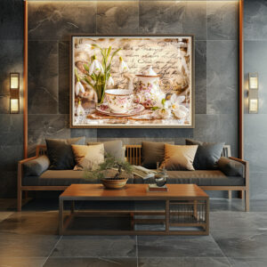 Poster: Snowdrops and Teacups in Vintage Style