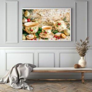 Poster: Christmas Teapot Set with Pine Green and Ornaments