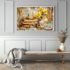 Poster: Daffodils on a Stacked antique Book Collection