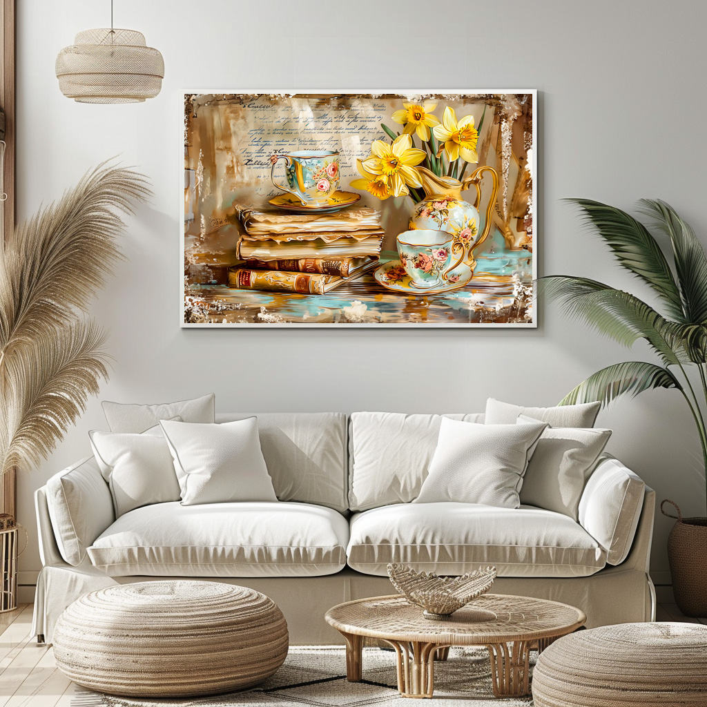 Poster: Daffodils on a Stacked antique Book Collection - immagine 2