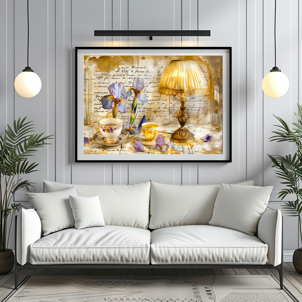 Poster: Iris Blooms with Teacup and Vintage Lamp – Image 2