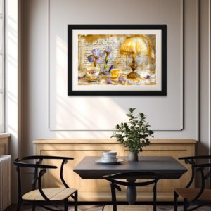 Poster: Iris Blooms with Teacup and Vintage Lamp