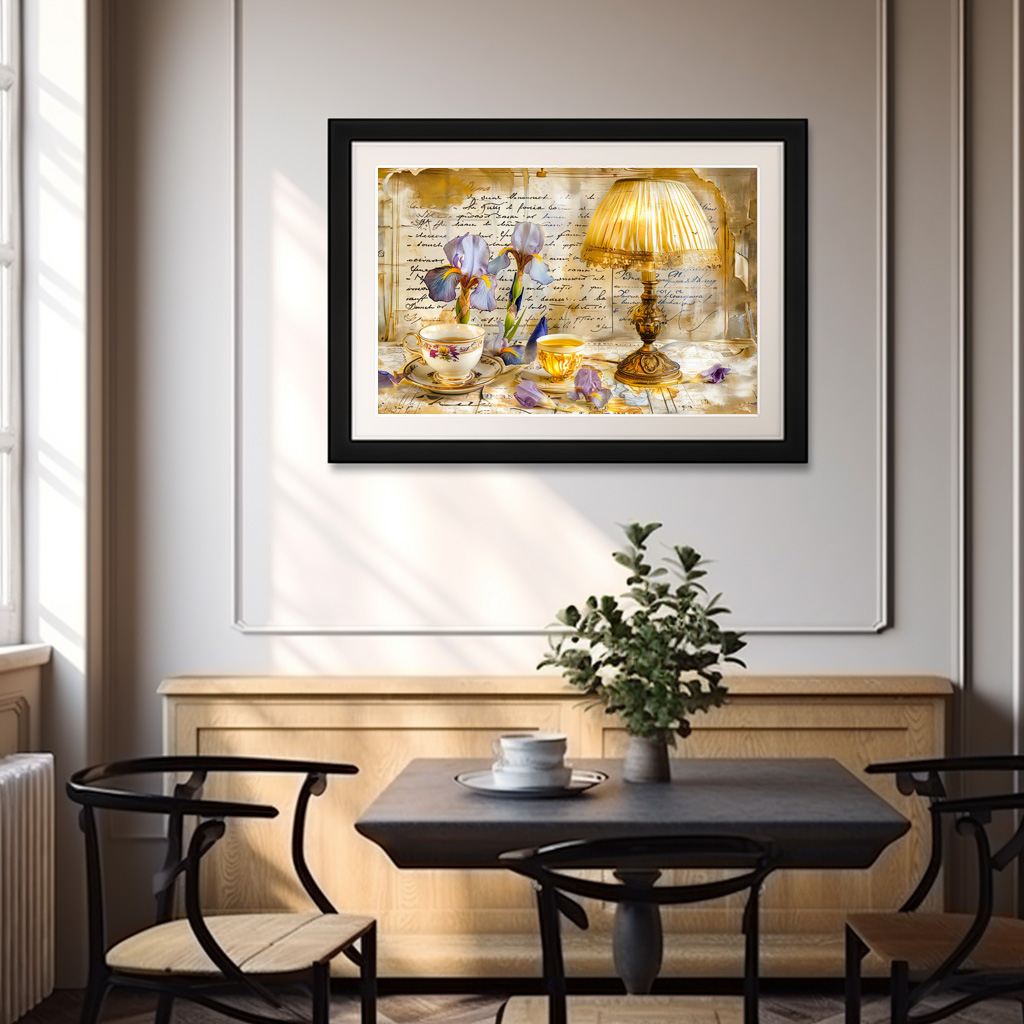 Poster: Iris Blooms with Teacup and Vintage Lamp