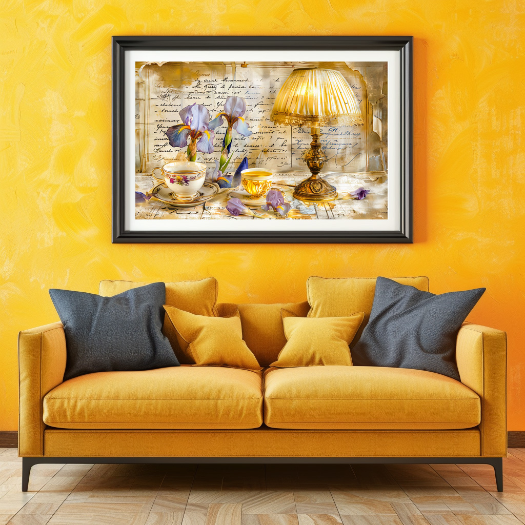 Poster: Iris Blooms with Teacup and Vintage Lamp – Image 3