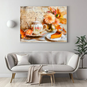 Poster: Dahlia Bloom with Pumpkin Cake Slice and Teapot