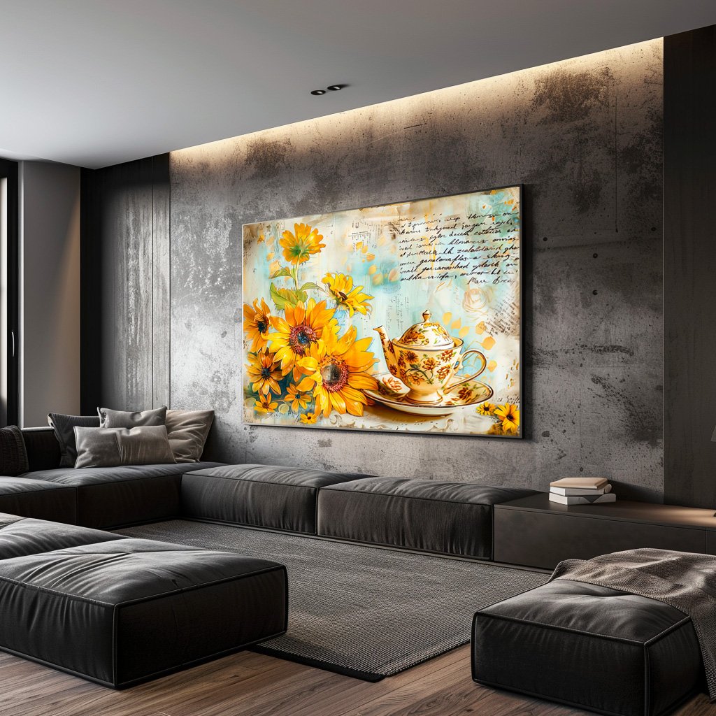 Poster: Sunflower with Antique Coffee Pot and Fantasy Script