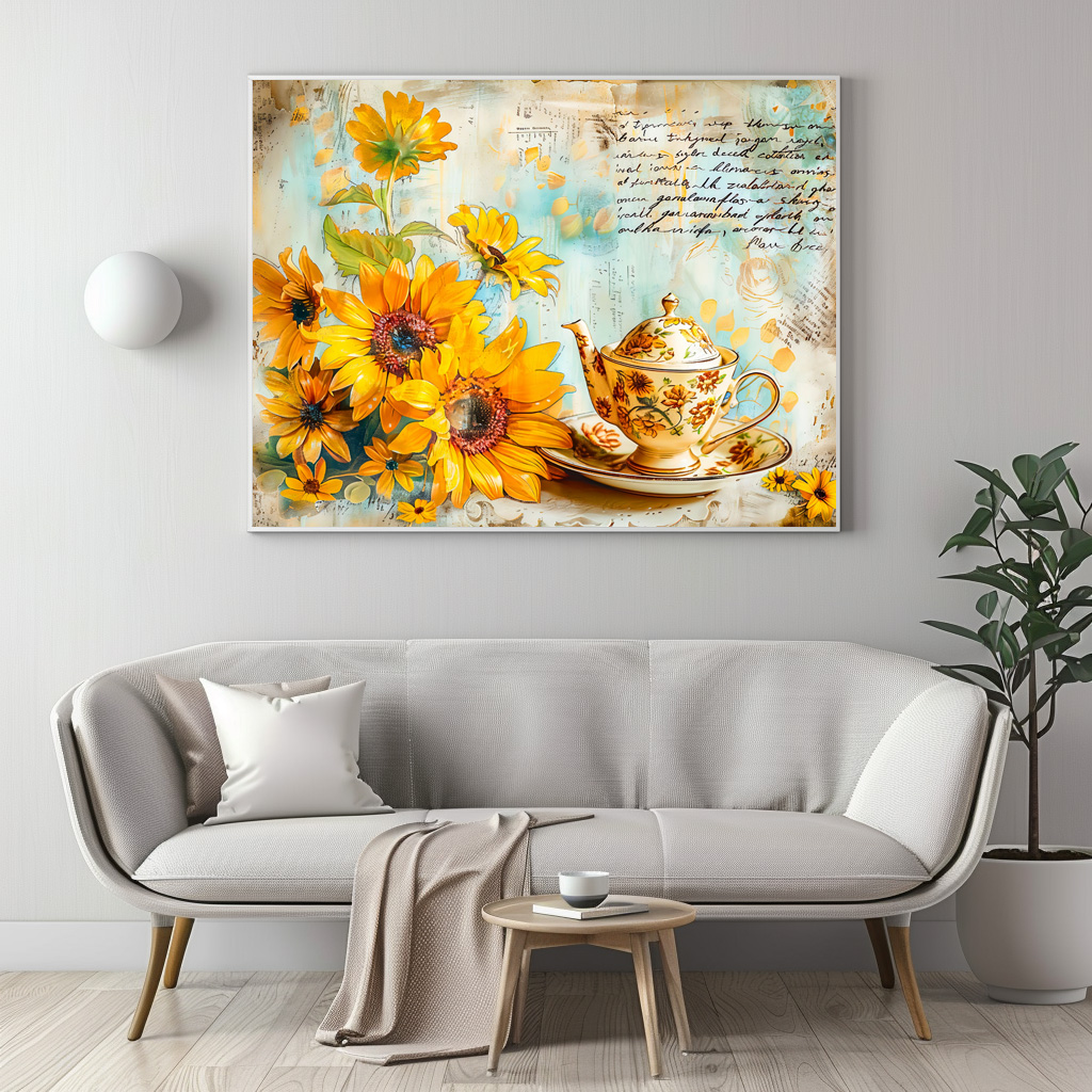 Poster: Sunflower with Antique Coffee Pot and Fantasy Script - immagine 2