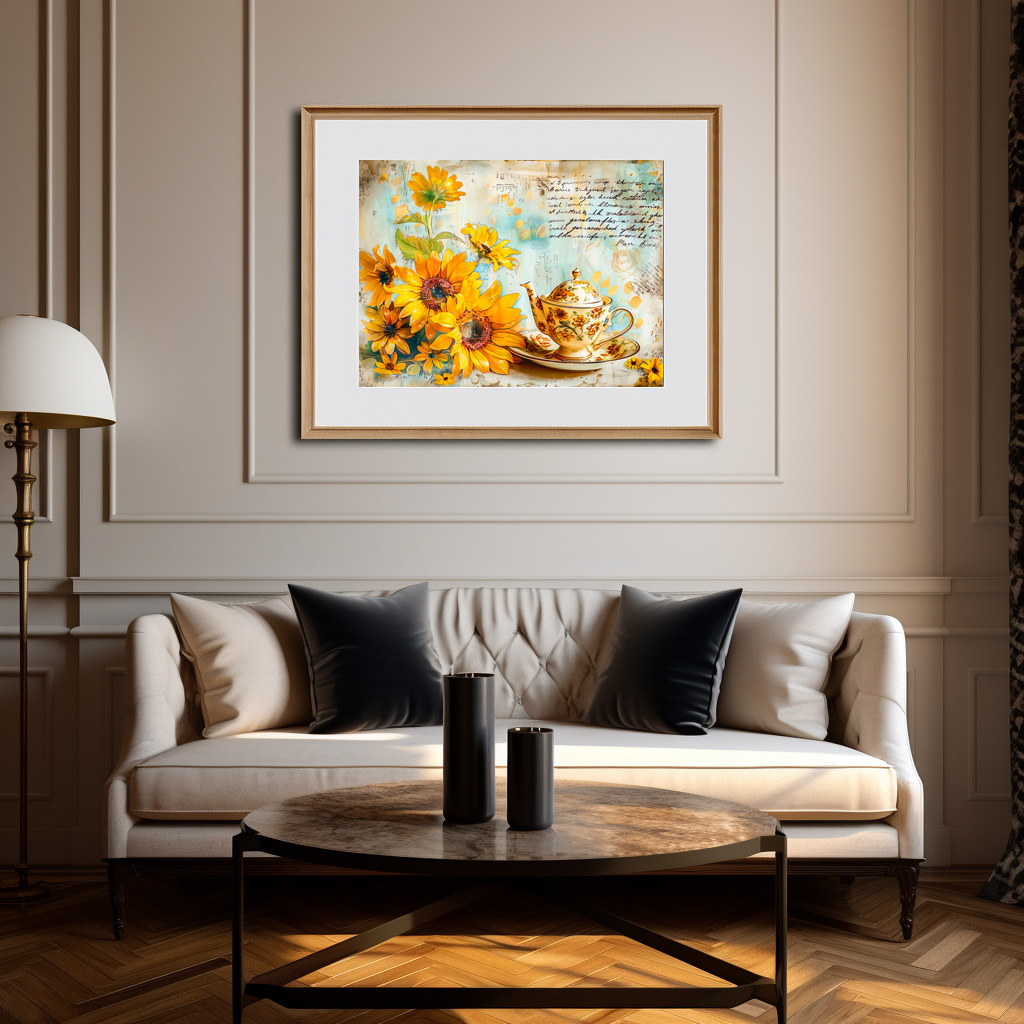 Poster: Sunflower with Antique Coffee Pot and Fantasy Script - immagine 3
