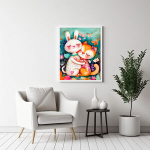 Poster: Rabbit and Cat Hugging each other with butterflys flying