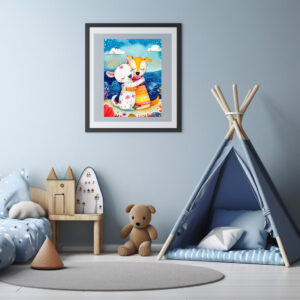 Poster: Illustration of two dogs playing at the beach