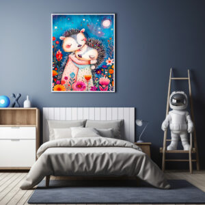 Poster: Illustration of hugging hedgehogs in forest.