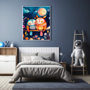 Poster: Illustration of owls hugging in forest at night