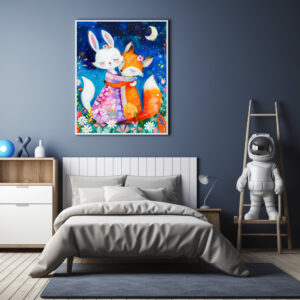 Poster: Illustration of fox hugging rabbit in forest