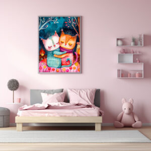 Poster: Illustration of two cats hugging in a cozy setting