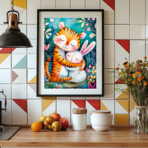 Poster: Tiger and Rabbit Embrace on in night time at forest