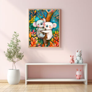Poster: Illustration of koalas hugging in eucalyptus forest
