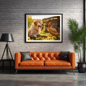 Poster: Sunny Day Buddies- Labrador and Hen Bask in Garden Salad Bed