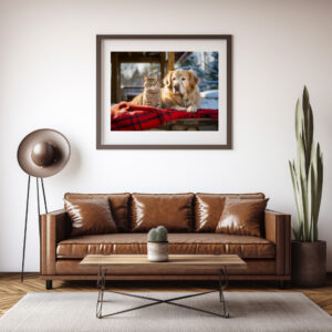 Poster: Cozy Companions- Labrador and Gray Cat Snuggle on Blanket Amidst Snowfall