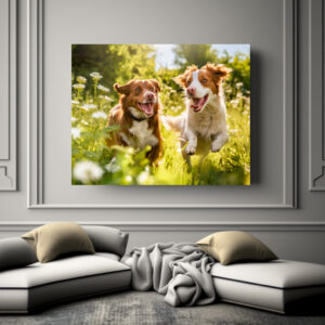 Poster: Summer Sprint- Two Dogs Frolicking in Herb-Filled Meadow