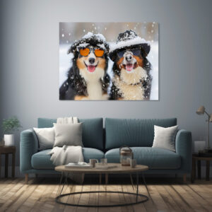 Poster: Snow Buddies- Two Bernese Mountain Dogs Enjoying Winter Wonderland
