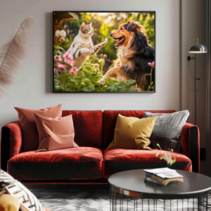 Poster: Garden Playmates- Cat and Collie Dog Enjoying Playtime Together