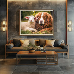 Poster: Sheep and Shepherd Dog Sit Closely Together on Pasture