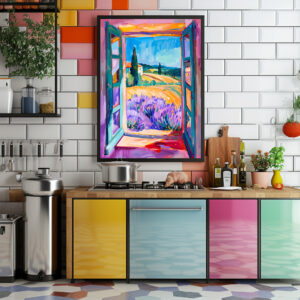 Poster: Open French Doors Over Lavender Fields With Cypress Trees And Wheat