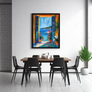 Poster: Terrace Door View Toward Mediterranean Bay With Two Blooming Dipladenia Pots