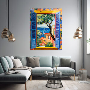 Poster: Window View Toward Mediterranean Village Framed By Olive Tree And Coastal Bay