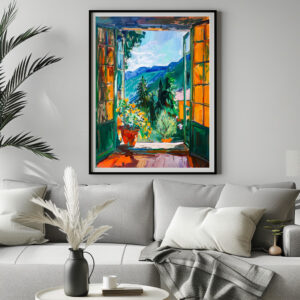 Poster: Mediterranean Balcony View Toward South Tyrolean Mountains With Blooming Flower Pot