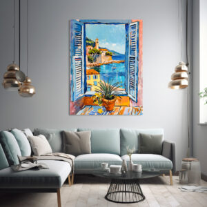 Poster: Window View Toward Mediterranean Village Houses Over Calm Coastal Bay Landscape