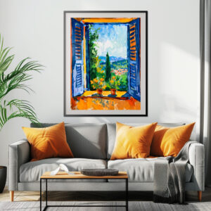 Poster: Terrace View Toward Mountainous Mediterranean Landscape With Tall Cypress Trees Nearby