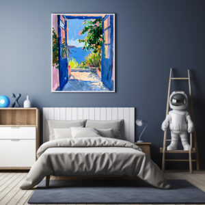 Poster: Mediterranean Terrace View Through Open Door With Blooming Bougainvillea Frame