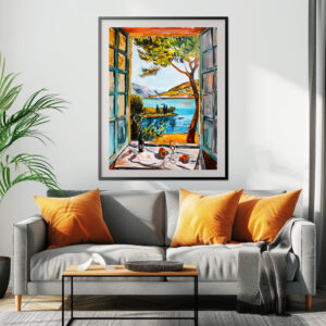 Poster: Window View Over Mediterranean Bay With Wine Glass And Fruit Still Life
