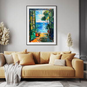 Poster: Terrace Door View Toward Mediterranean Sea With Passing Sailboat And Olive Tree