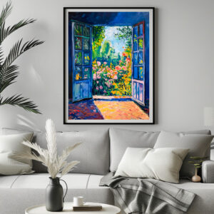 Poster: Terrace Door View Into Rustic Cottage Garden With Roses And Trees