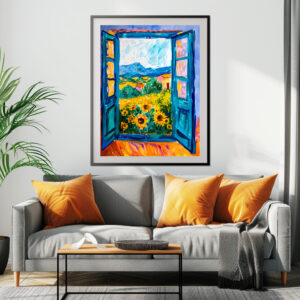 Poster: Terrace Door View Toward Sunflower Field With Distant Mountain Horizon