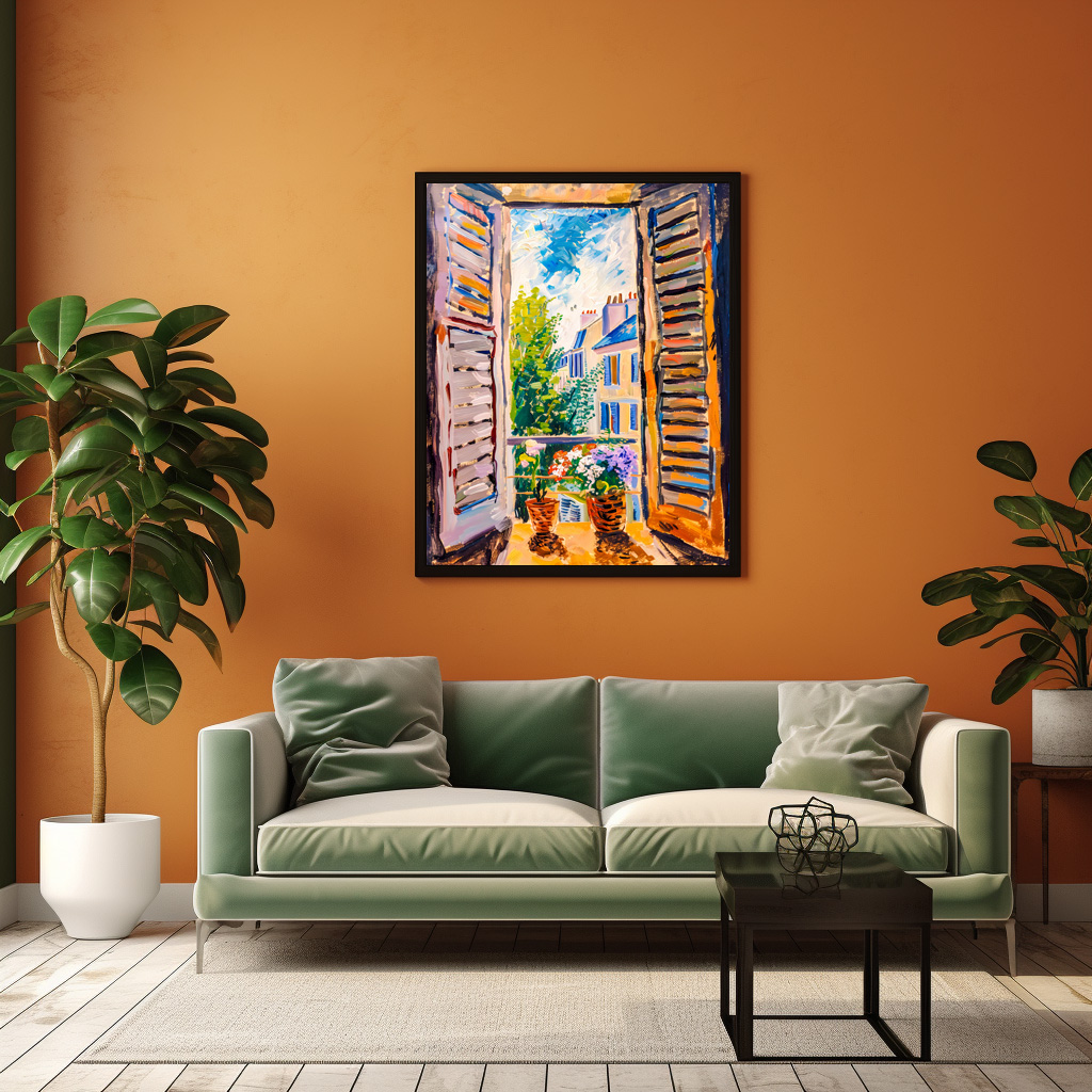 Poster: Terrace Door View Toward Mediterranean Cityscape With Two Flower Pots Outside