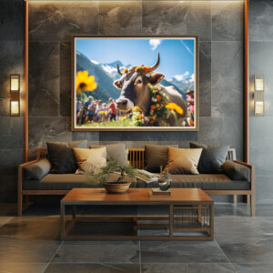 Poster: Festive Cow with Flowers at Alpine Event