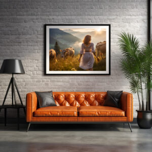 Poster: Woman with Cows in Sunset Pasture