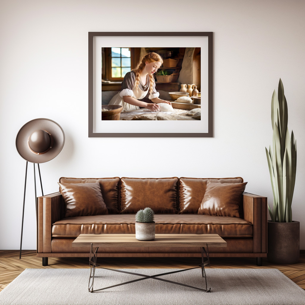 Poster: Woman Kneading Dough in Rustic Kitchen