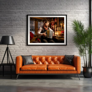 Poster: Accordion Player in Cozy Christmas Cabin