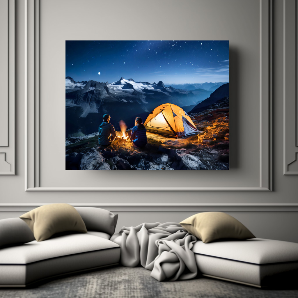 Poster: Campfire by Tent under Starry Sky