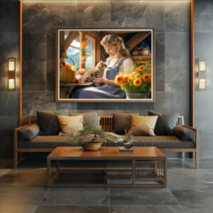 Poster: Young Woman with Cat by Sunny Window